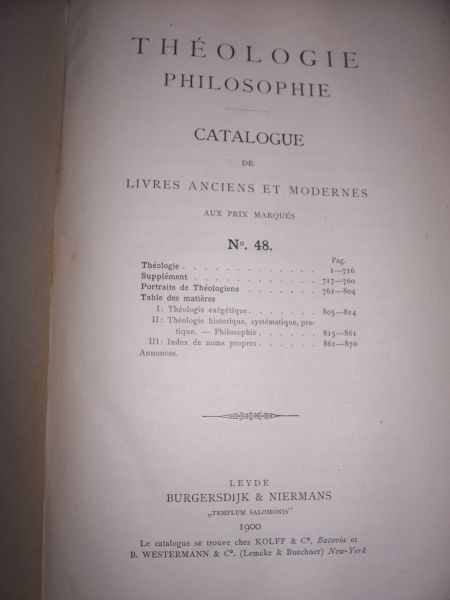 Burgersdijk & Niermans - Catalogus Bibliotheca Theologica et Philosophica. Livres anciens et modernes