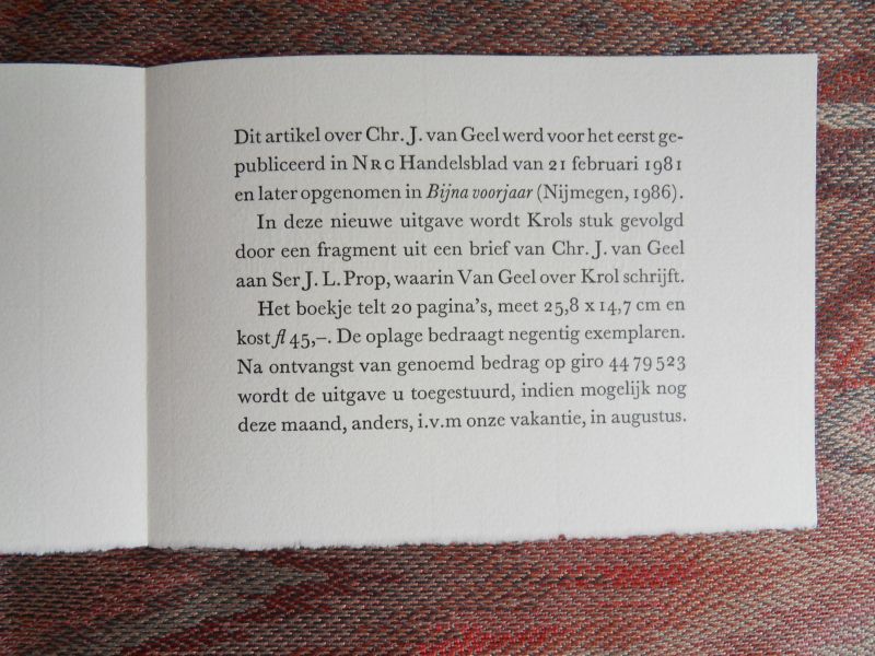 Krol, Gerrit. - Kusters, Wiel. - `n Groot Dichter. [ Genummerd ex. 20 / 90 ]. + Merelschedeltje. [ Genummerd ex: 14 / 75 ].