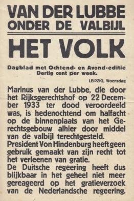 (LUBBE, Marinus van der). RIJKSDAGBRAND - Speciaal raambiljet van de krant Het Volk (10 januari 1934) over de terechtstelling van Marinus van der Lubbe.