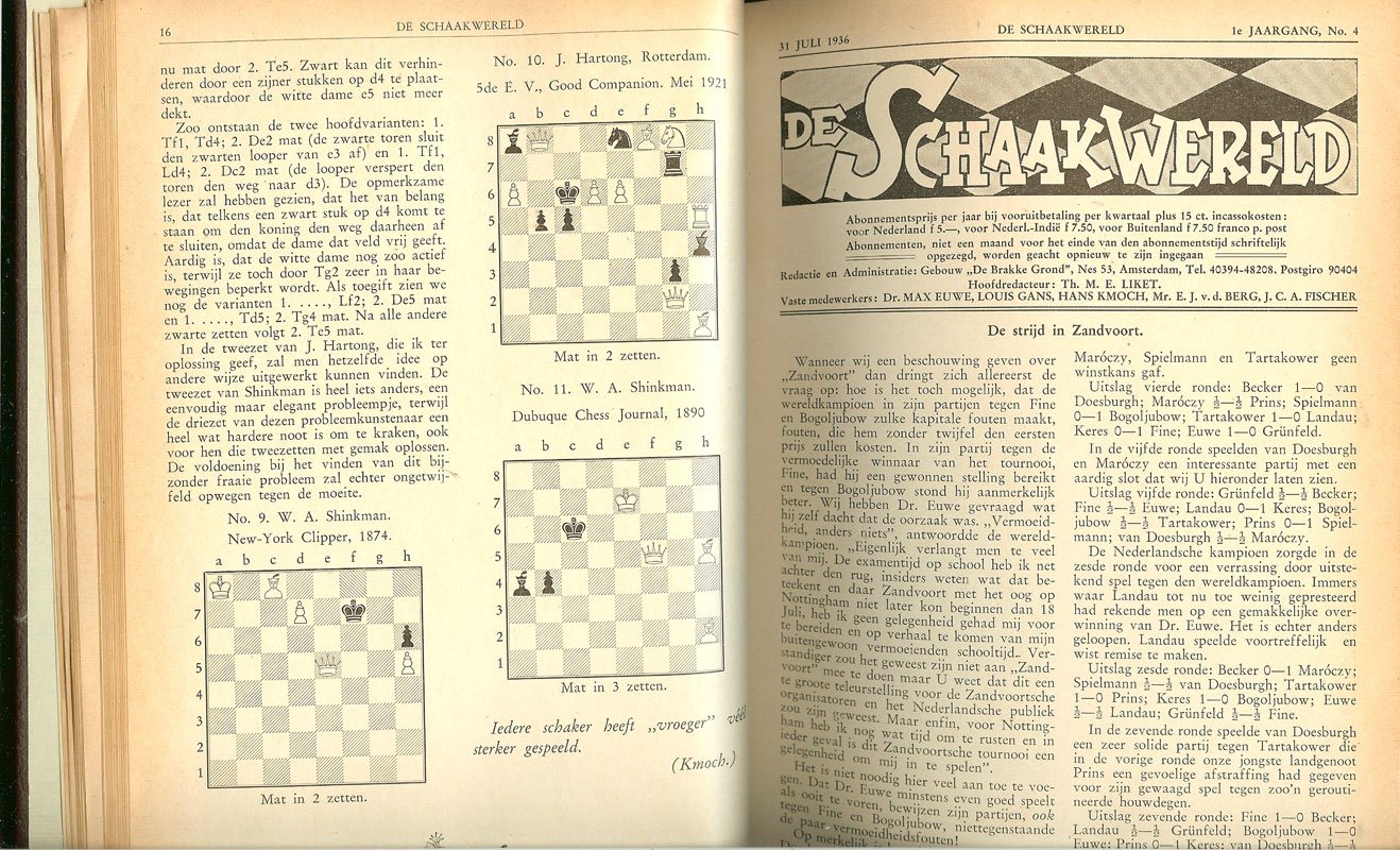 Euwe, Dr. Max en Th. L.M. Liket - hoofdredacteur - De Schaakwereld 1e jaargang 1936-1937 waarin opgenomen de officiele mededelingen van de Amsterdamschen Kantoorschaakbond.