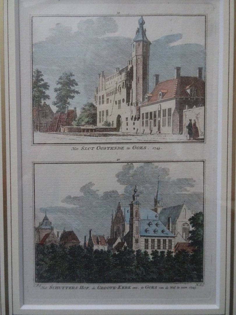 Goes. - Het Slot  Oostende te Goes - Het Schutters-Hof, de Groote-Kerk enz. te Goes van de wal te zien.