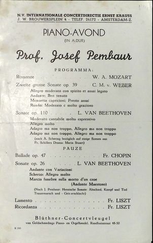 Pembaur, Josef: - [Flyer] Piano-Avond (In A-dur) Prof. Josef Pembaur