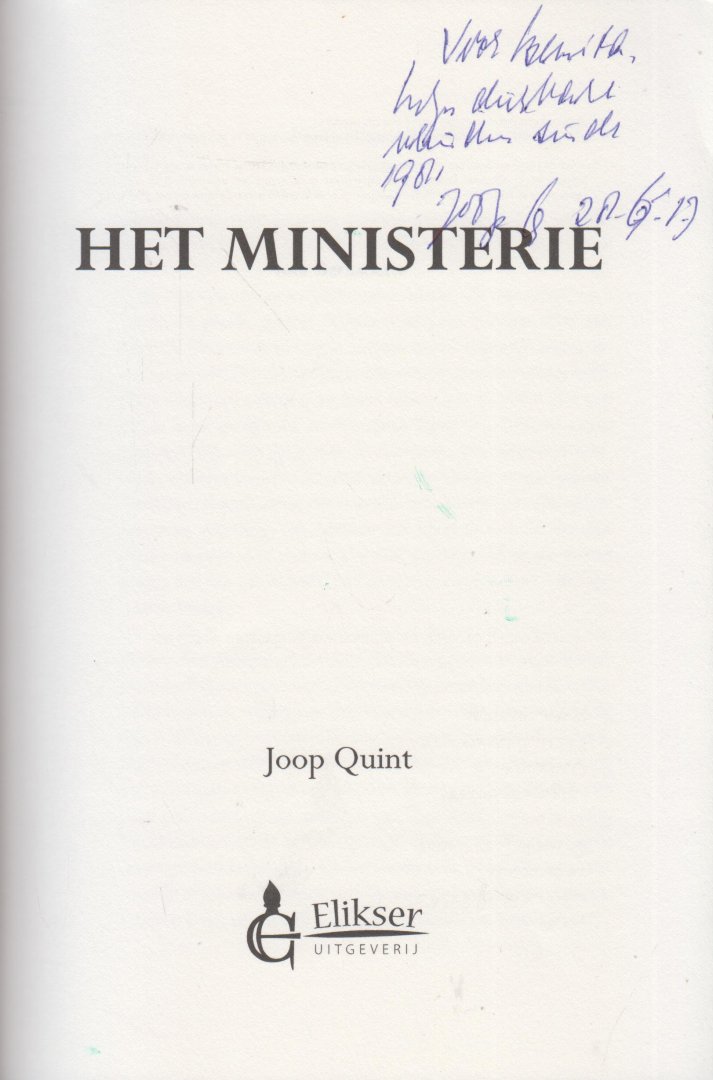 Quint, Joop - Het Ministerie - Henk Bakker wordt directeur Topsport van het ministerie van Sport, Voeding en Cultuur. Daar werken ongeveer honderd mensen. Hij kijkt zijn ogen uit. Er gebeuren allerlei ongelofelijke dingen, maar ze schijnen normaal te zijn.