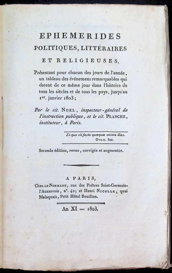Noel   Planche - Ephemerides politiques, littéraires et religieuses Aout 1803