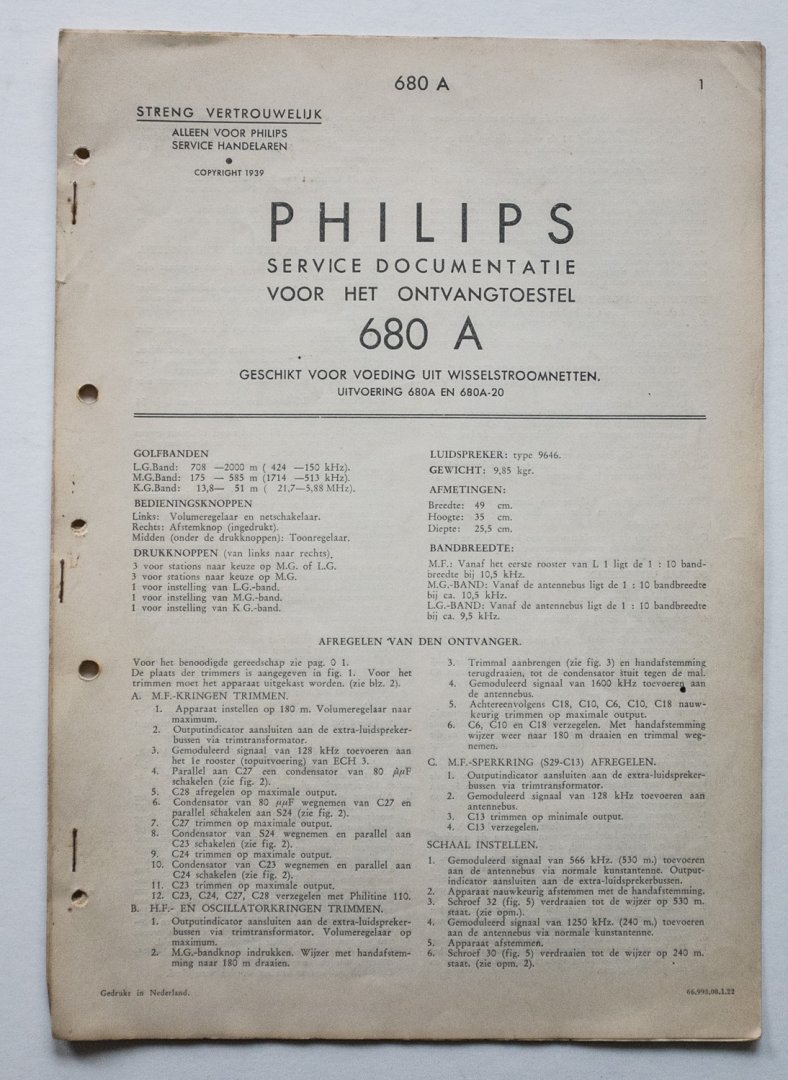  - Philips service documentatie - voor het ontvangtoestel 680A - geschikt voor voeding uit wisselstroomnetten - uitvoering 680A en 680A-20