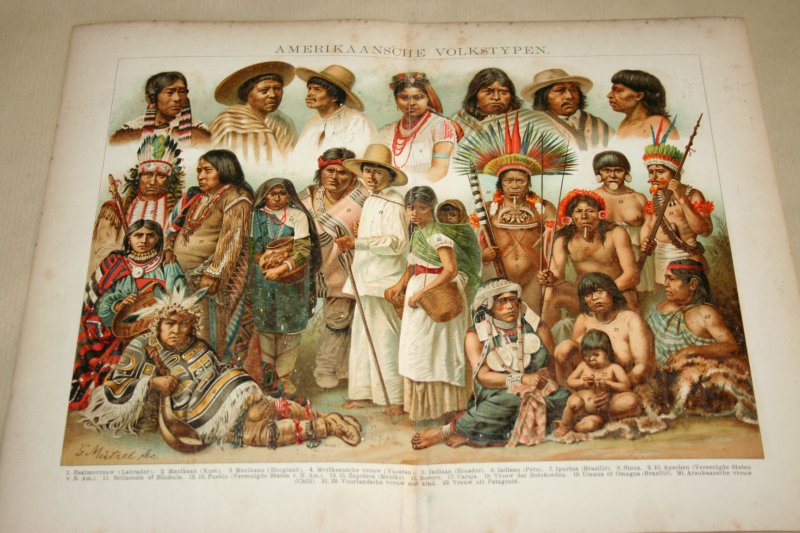  - Antieke kleuren lithografie - Volkeren / Volkstypen van Amerika (Indianen) - circa 1905