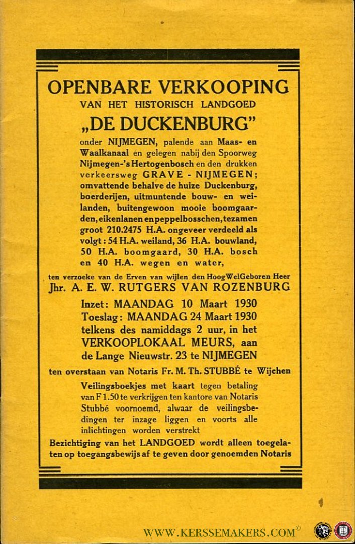 AA - Openbare verkooping van het historisch landgoed ,,De Duckenbrug" onder Nijmegen... (veilingboekje, zonder de kaart)