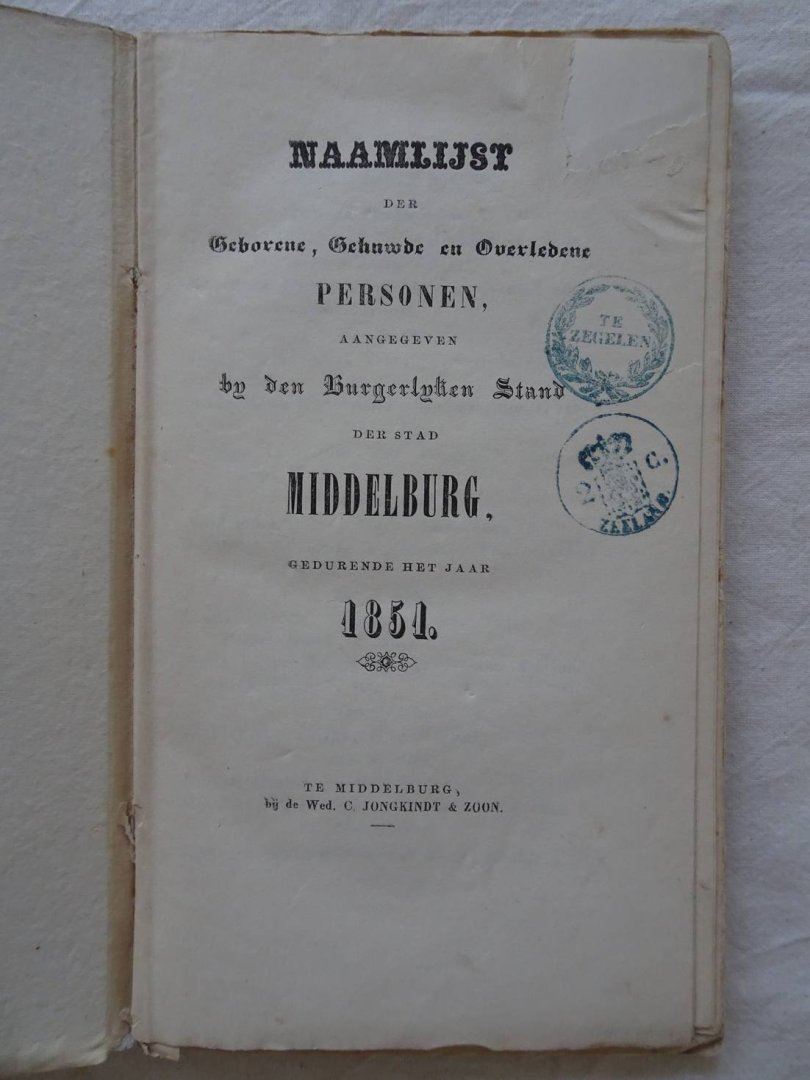 N.n.. - Naamlijst der geborene, gehuwde en overledene personen, aangegeven by den Burgerlyken Stand der Stad Middelburg, gedurende het jaar 1851.