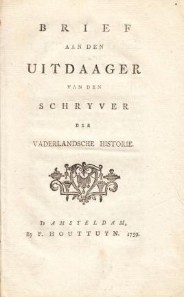 (WAGENAAR, Jan). ANONIEM - Brief aan den uitdaager van den schrijver der Vaderlandsche Historie.