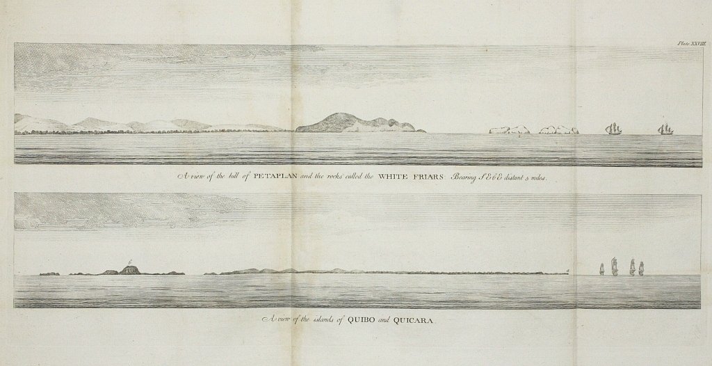 Anson, George - A view of the hill of Petaplan and the rocks called the White Friars, bearing SE. b E. distant 5 miles ; A view of the islands of Quibo and Quicara