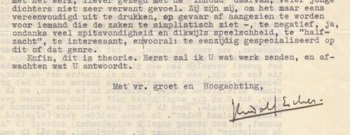 ESCHER, Rudolf - Uitvoerige getypte brief aan 'Zeer geachte Heer Hoornik', gedateerd 'Oegstgeest 14 April 1941'.