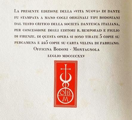(OFFICINA BODONI). DANTE ALIGHIERI - Vita Nuova di Dante. Proemio di Benedetto Croce.