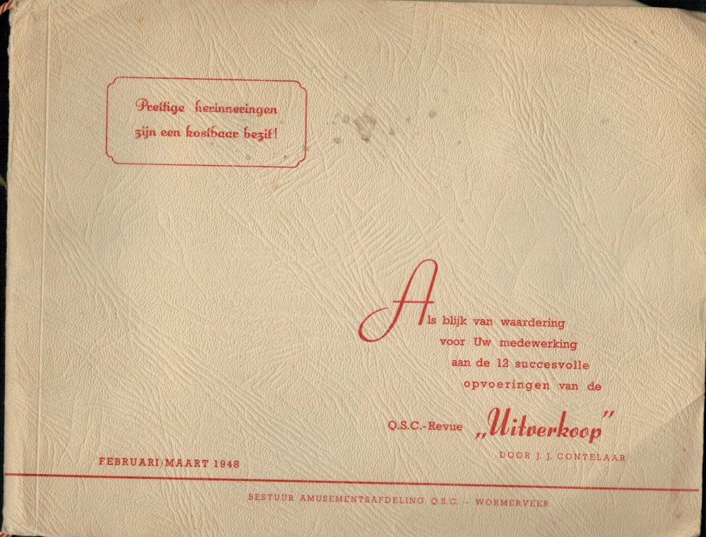 Contelaar, J.j. - fotoboek, als blijk van waardering medewerking aan de  opvoeringen van  Q.S.C. -revue `UITVERKOOP` 1948
