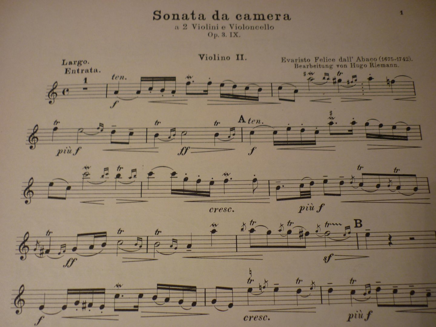 Dall' Abaco (1675 - 1742) - Sonata da camera A moll Op. 3 No. 9; (herausgegeben von Hugo Riemann) Serie: Collegium Musicum No. 43