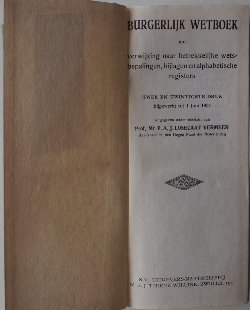 Losecaat Vermeer P A J - Burgelijk Wetboek  met verwijzing naar betrekkelijke wetsbepalingen, bijlagen en alphabetische registers bijgewerkt tot 1 juni 1951