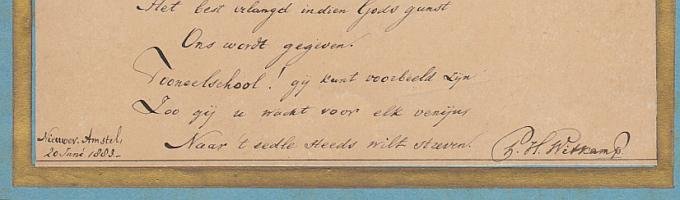 WITKAMP, P.H. - Aan de Tooneelschool. (Gedicht met een originele portretfoto).