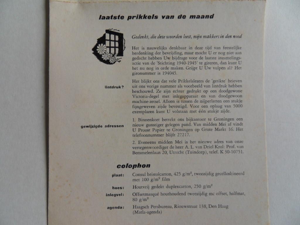 Proost & Brandt N.V. - Prikkophonie. - Prikkels 193. [ COMPLEET met de zeldzame (verzend)hoes en het mededelingenblad ].