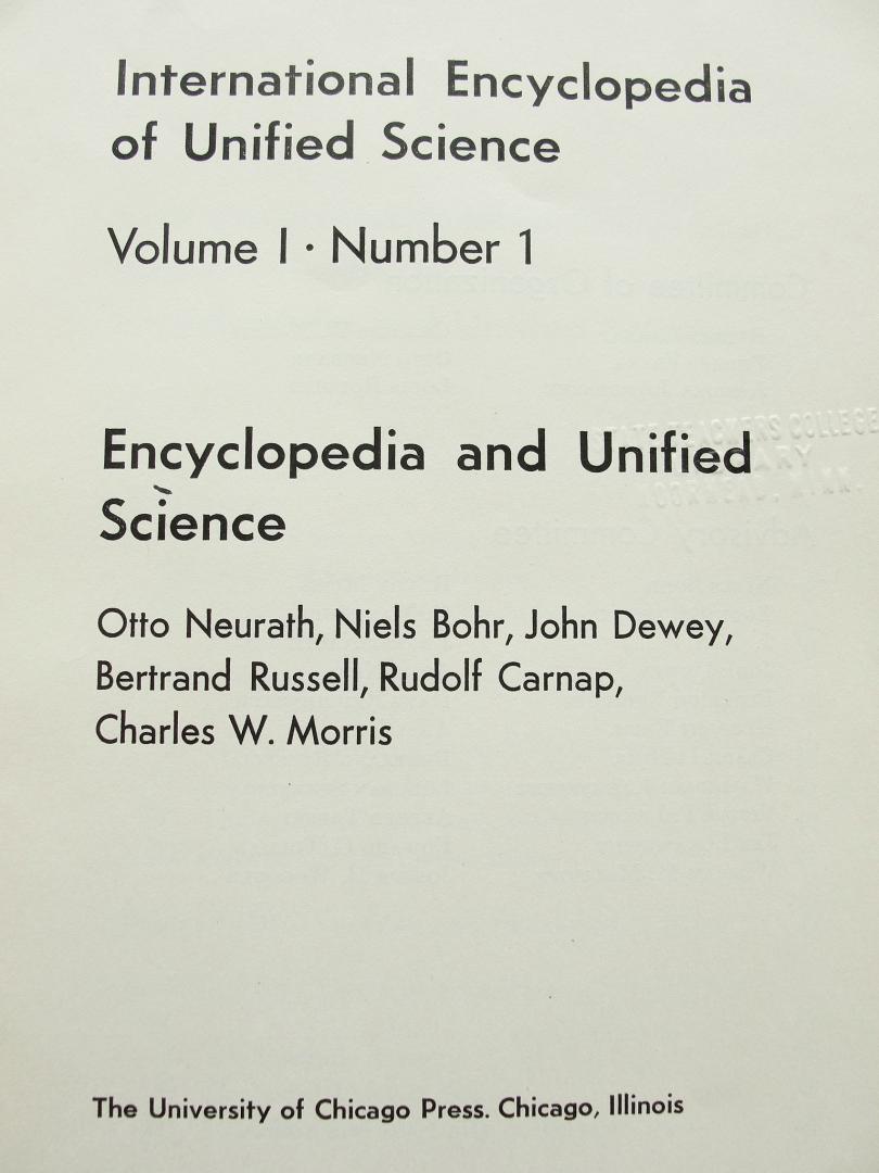 Otto Neurath (tekst, red.), Niels Bohr, Bertrand Russell, Rudolf Carnap, et al. - International Encyclopedia of Unified Science; Vols. I en II: Foundations of the Unity of Science; Vol. I, Nr. 1