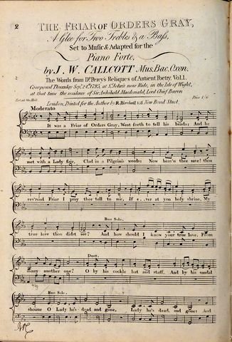 Callcott, John Wall: - The friar of Orders Gray, a glee for two trebles and a bass. Set to music & adapted for the piano-forte