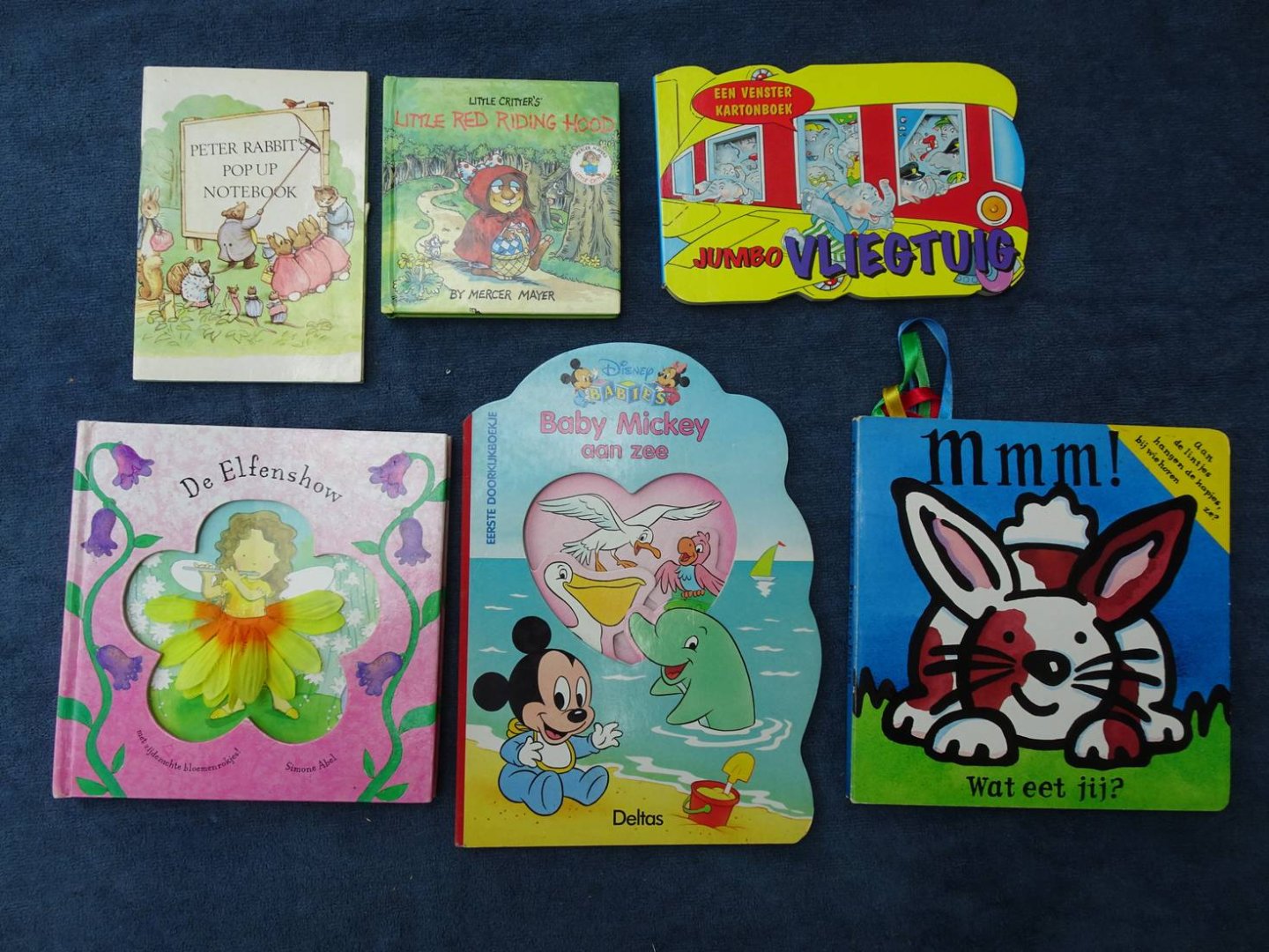 Elgar, Rebecca, Mercer Mayer, Willem O'Brien, Simone Abel, Walt Disney, et al. - Mmm! Wat eet jij?/ Little Critter's Little Red Riding Hood/ Peter Rabbit's pop up notebook/ Jumbo Vliegtuig. Een venster kartonboek/ De Elfenshow. Met zijdezachte bloemenrokjes!/ Baby Mickey aan zee. Eerste doorkijkboekje. 6 boekjes.