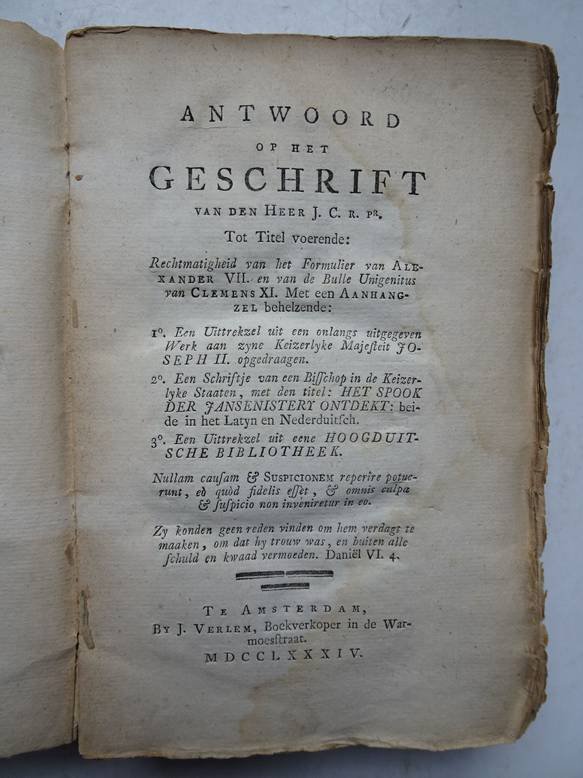 (Nauta, TH.). - Antwoord op het geschrift van den Heer J.C. [J. Cramer] Tot Titel voerende: Rechtmatigheid van het Formulier van Alexander VII. en van de Bulle Unigenitus van Clemens XI. Met een Aanhangzel behelzende....
