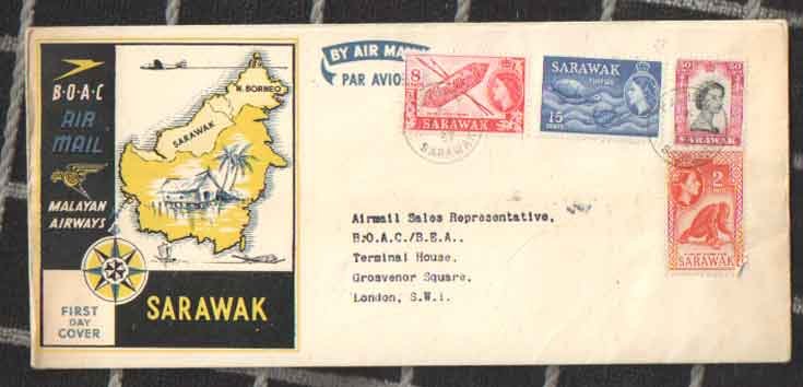  - 1957 Sarawak First Day Cover. BOAC AirmailMalayan Airways to London England BOAC