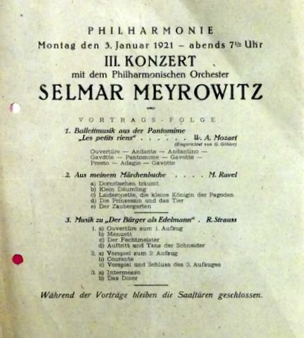 Berlin - Philharmonie: - [Programmzettel] Philharmonie. Montag den 3. Januar 1921, abends 7½ Uhr. III. Konzert mit dem Philharmonischen Orchester [unter Leitung von] Selmar Meyrowitz