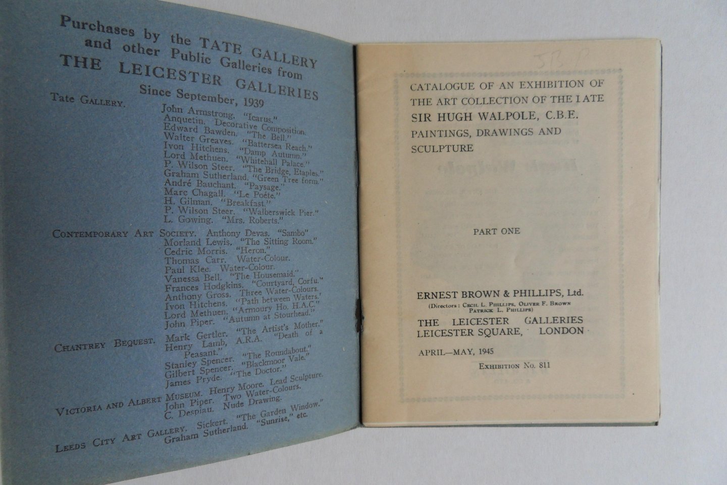 Priestley, J.B. (preface). - Catalogue of an Exhibition of the Art Collection of the Late Sir Hugh Walpole, C.B.E. - Paintings, Drawings ans Sculpture. - Part One.