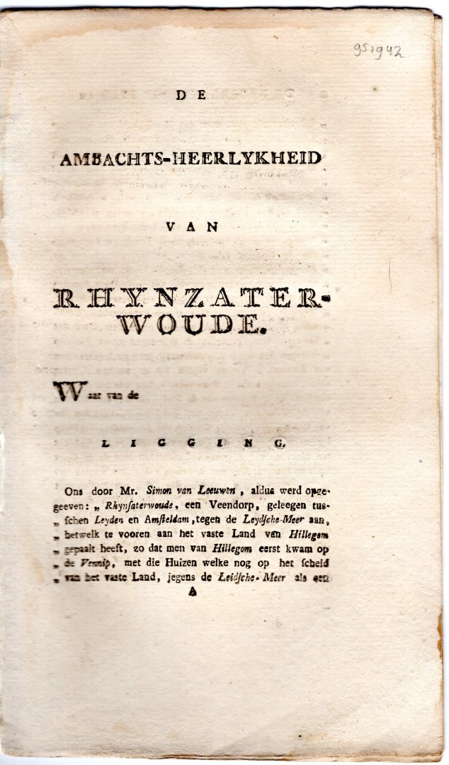 De Nederlandsche stad- en dorpbeschryver - De ambachtsheerlykheid van Rhynzaterwoude (Rijnsaterswoude).