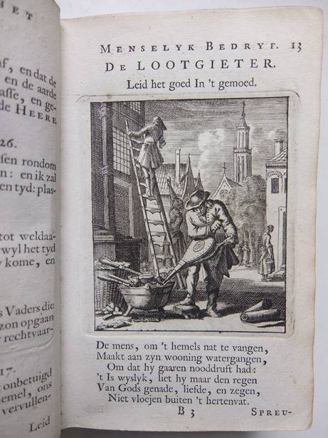 Luiken, Jan (Jan Luyken). - Spiegel van het menselyk bedryf, vertoonende honderd verscheiden ambachten, konstig afgebeeld, en met Godlyke spreuken en Stichtelyke verzen verrykt.