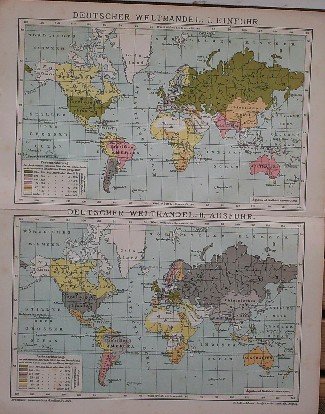 antique map (kaart). - (Deutschland) Deutscher Welthandel. (World trade map of Germany).