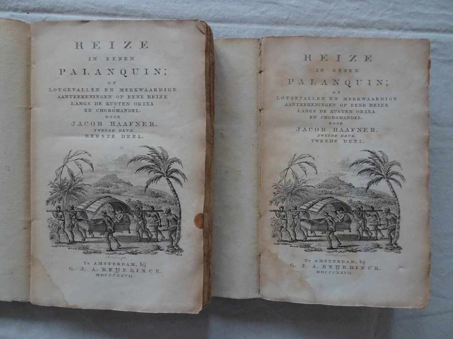 Haafner, Jacob. - Reizen in eenen Palanquin; of lotgevallen en merkwaardige aanteekeningen op eene reize langs de kusten Orixa en Choromandel. Eerste en tweede deel.