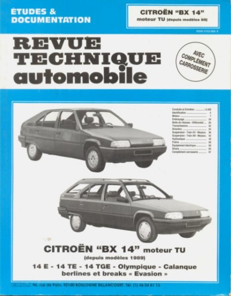 --- - Revue Technique Automobile. Citroën BX 14. Moteur TU (1989...). Avec complément carrosserie