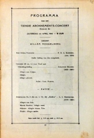 Flesch, Carl.: - [Programmheft] Programma van het tiende Abonnements-Concert (serie A) Dirigent Willem Mengelberg. Solist: Carl Flesch