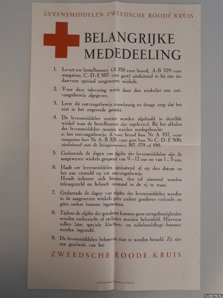 Poster WO II - Levensmiddelen Zweedsche Rode Kruis: Belangrijke mededeeling