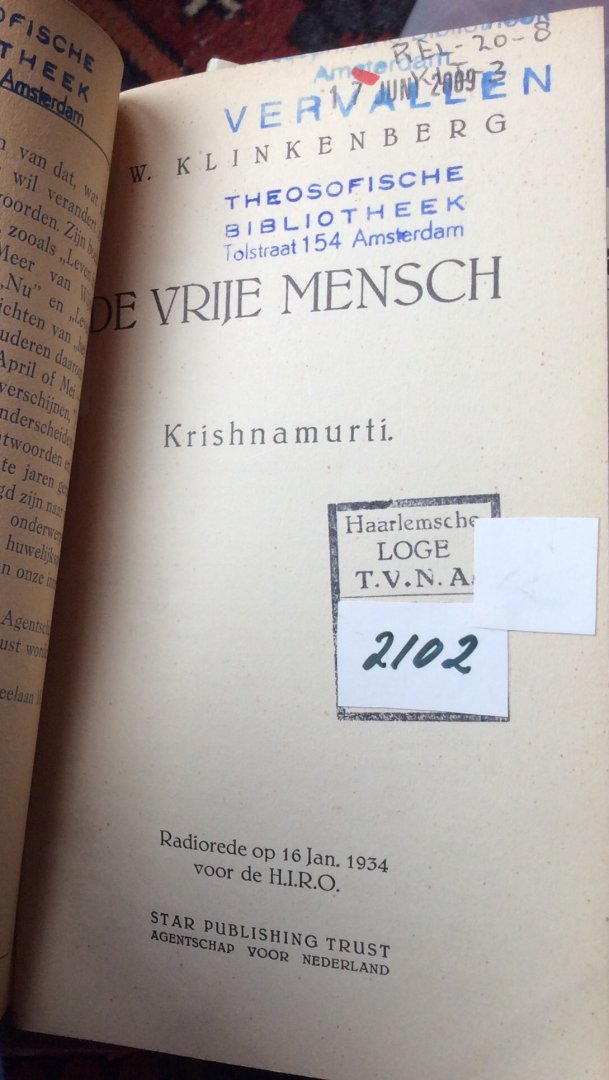 Klinkenberg, A.W. - De vrije mensch; lezing over Krishnamurti / radiorede op 16 Jan. 1934 voor de H.I.R.O.