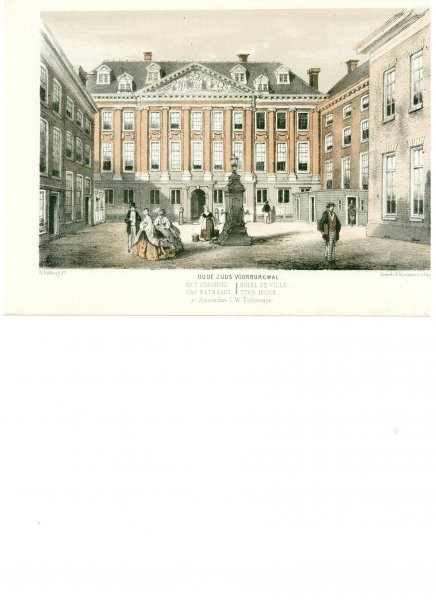 Witkamp, P.H.  Hekking, W. - Oude zijds Voorburgwal Het stadhuis. Originele kleurenlitho.