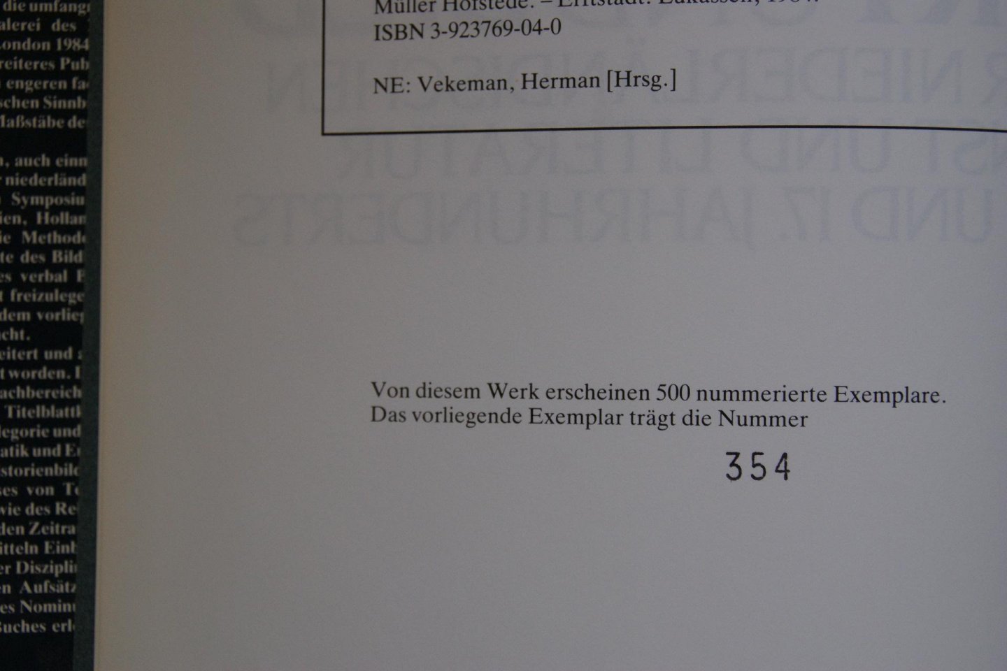 Herman Vekeman; Muller Hofstede, Justus - Wort Und Bild in der niederlandischen Kunst und Literatur des 16e und 17e Jahrhunderts  Genummerd Exemplaar