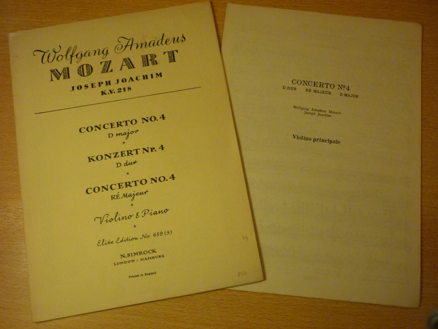 Mozart. W.A. (1756 – 1791) - Konzert für Violine und Orchester Nr. 4 D-Dur - KV 218  Ausgabe für Violine und Klavier; (Bezeichnet von Joseph Joachim)