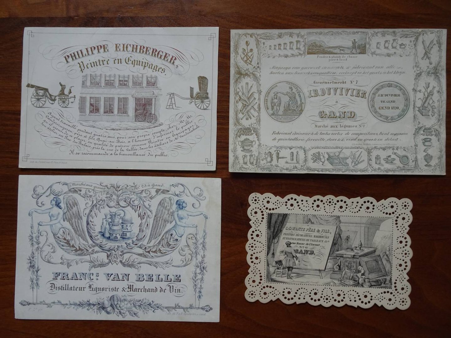 Gent / Gand. - Vier 19-eeuwse reclames van bedrijven in Gent: Franc's van Belle, Philippe Eichberger, C.C. Wante Père & Fils en J.B, Duvivier.