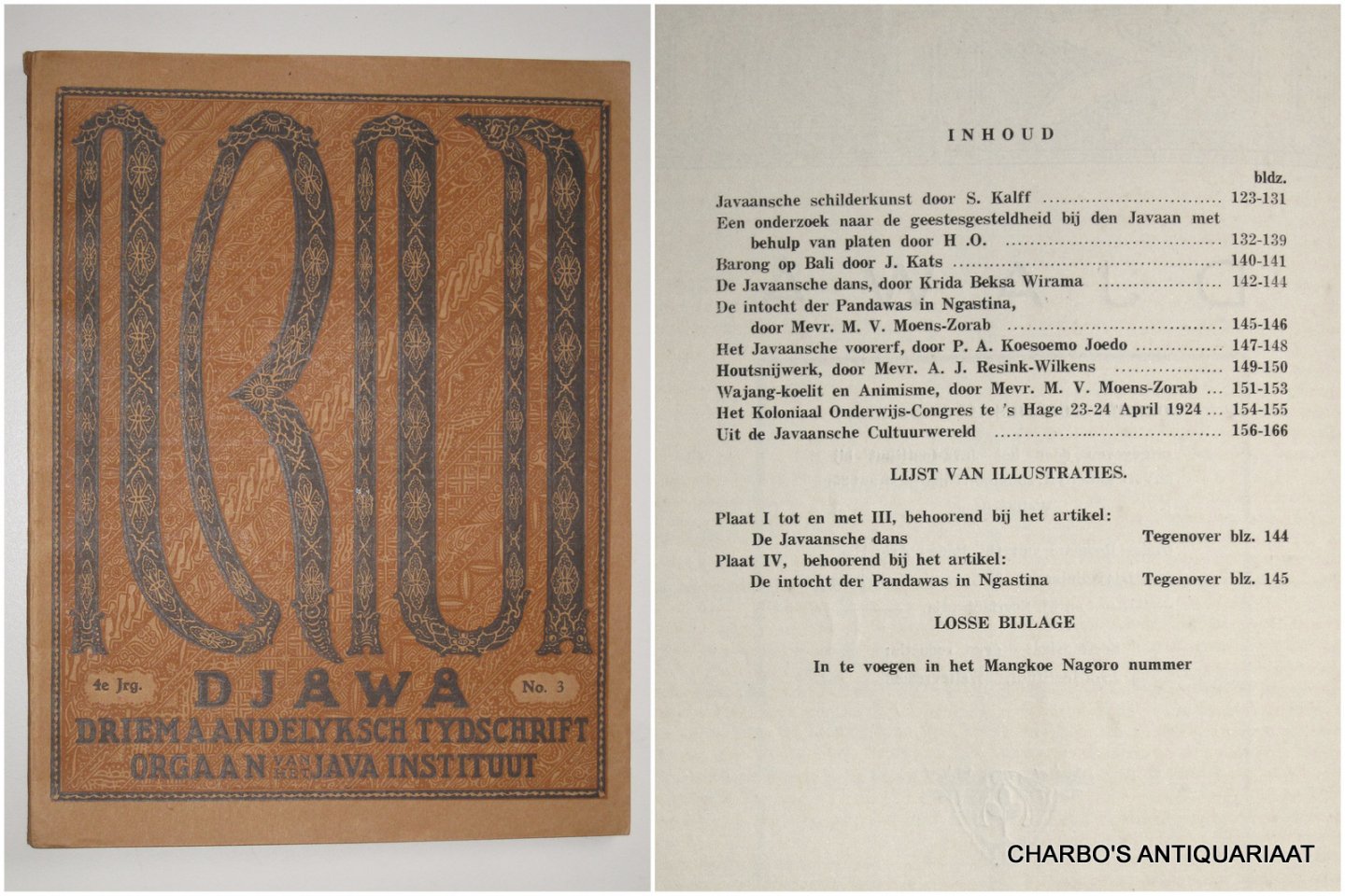 DJAJADININGRAT, RADEN AR IO HOESEIN (et al, eds.), - Djawa. Driemaandelijksch tijdschrift uitgegeven door het Java-Instituut. Vierde jaargang, No. 3, September 1924.