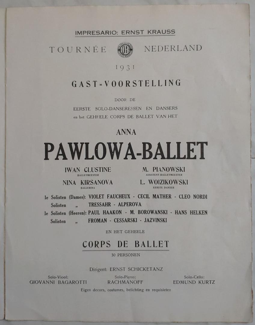  - Anna Pawlowa-ballet tournée Nederland 1931 programmaboekje