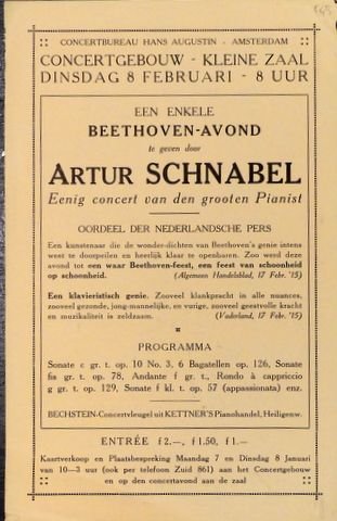 Schnabel, Artur: - [Flyer] Concertbureau Hans Augustin. Een enkele Beethoven-Avond te geven door Artur Schnabel