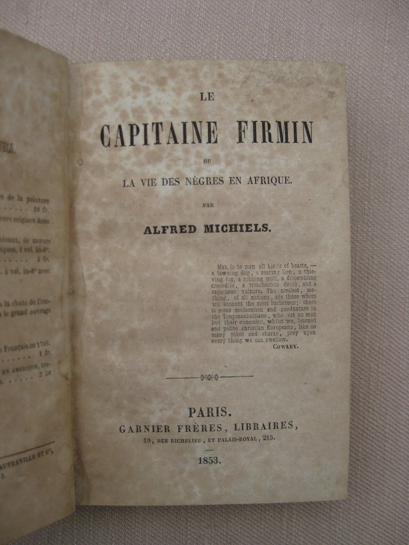 Michiels, Alfred - Le Capitaine Firmin ou la Vie des Nègres en Afrique.