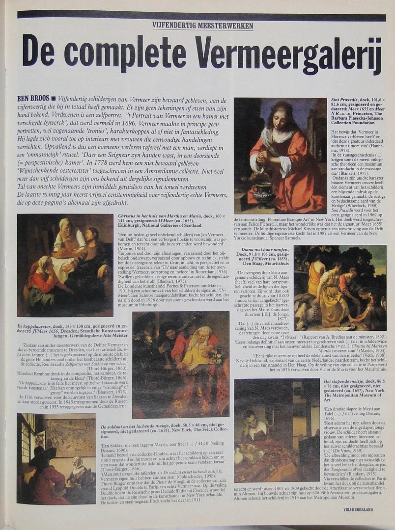 Vrij Nederland - Johannes Vermeer : overdruk van Vrij Nederland t.g.v. de tentoonstelling Johannes Vermeer van 1 maart tot en met 2 juni 1996 in het Mauritshuis, Den Haag