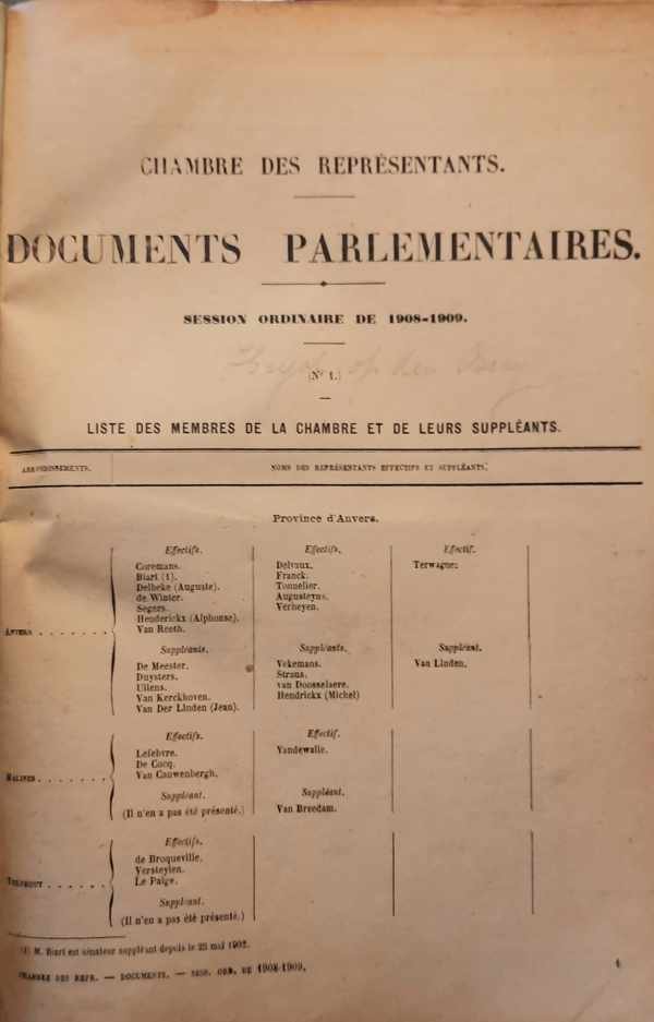 DE KAMER VAN VOLKSVERTEGENWOORDIGERS/ CHAMBRE DES REPRESENTANTS - Documents parlementaires 1908-1909