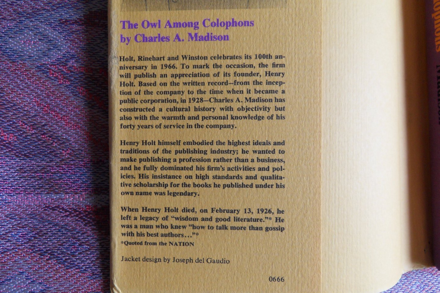 Madison, Charles A. - The Owl Among Colophons. - Henry Holt as Publisher and Editor.