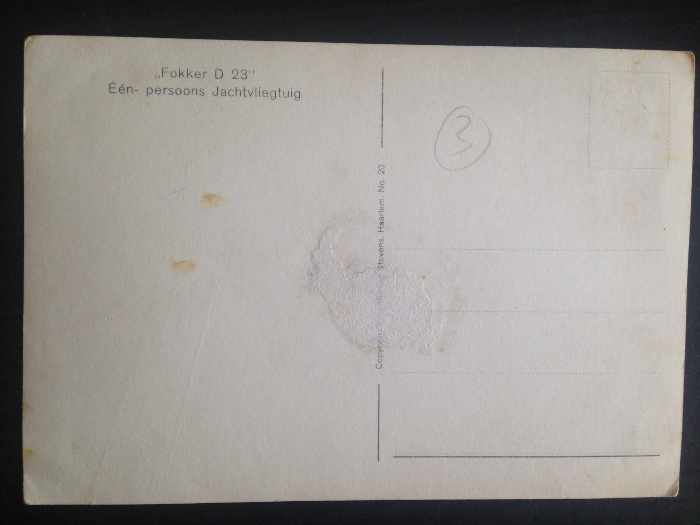  - Fokker D 23 éénpersoons Jachtvliegtuig, Ongelopen kaart