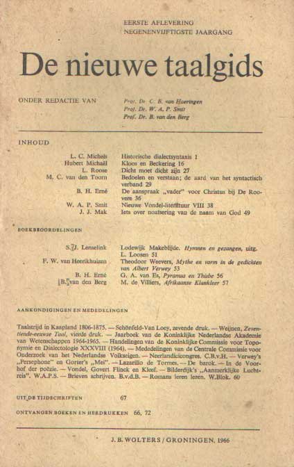Haeringen, C.B; W.A.P. Smit & B. van den Berg (red.) - De nieuwe taalgids. Negenenvijftigste jaargang, 1966 (6 nummers compleet)