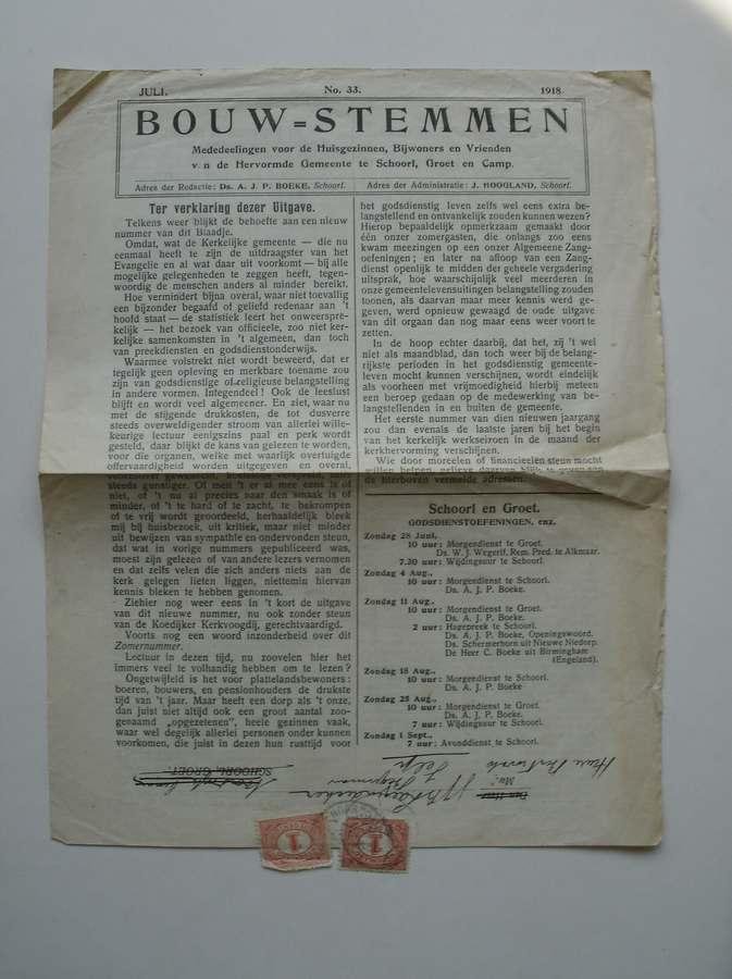 BOEKE, A.J.P. (RED.), - Bouwstemmen. Mededeelingen voor de huisgezinnen, bijwoners en vrienden van de Hervormde Gemeente te Schoorl,